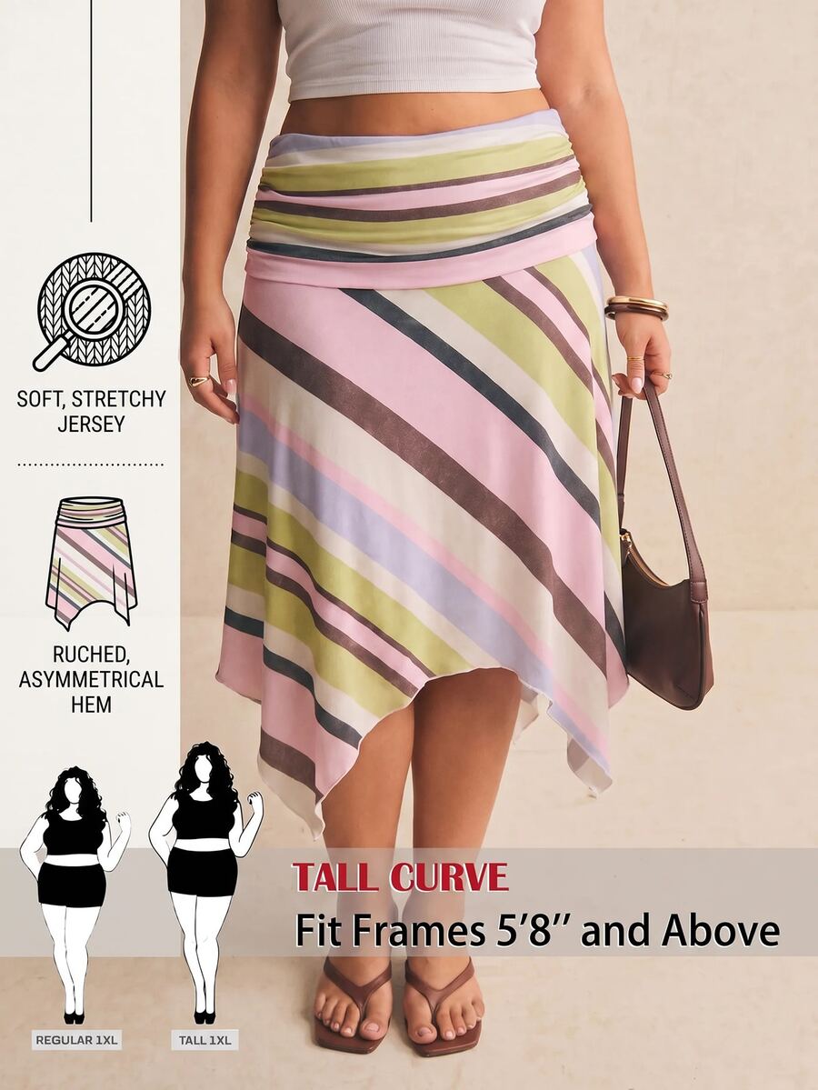 SHEIN Tall CURVE Rok Ukuran Besar Kasual Musim Panas Motif Garis-Garis Blok Warna dengan Hem Asimetris - MultiWarna - View 1