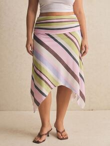 SHEIN Tall CURVE Rok Ukuran Besar Kasual Musim Panas Motif Garis-Garis Blok Warna dengan Hem Asimetris - MultiWarna - View 3