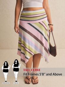SHEIN Tall CURVE Rok Ukuran Besar Kasual Musim Panas Motif Garis-Garis Blok Warna dengan Hem Asimetris - MultiWarna - View 2