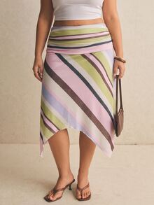 SHEIN Tall CURVE Rok Ukuran Besar Kasual Musim Panas Motif Garis-Garis Blok Warna dengan Hem Asimetris - MultiWarna - View 8