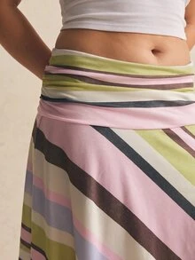 SHEIN Tall CURVE Rok Ukuran Besar Kasual Musim Panas Motif Garis-Garis Blok Warna dengan Hem Asimetris - MultiWarna - View 4