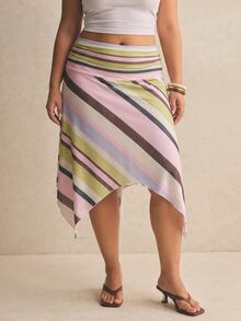 SHEIN Tall CURVE Rok Ukuran Besar Kasual Musim Panas Motif Garis-Garis Blok Warna dengan Hem Asimetris - MultiWarna - View 5