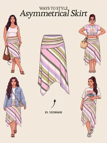 SHEIN Tall CURVE Rok Ukuran Besar Kasual Musim Panas Motif Garis-Garis Blok Warna dengan Hem Asimetris - MultiWarna - View 9