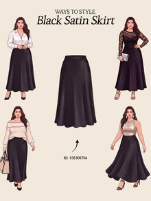 SHEIN Tall CURVE Plus Size Women's Solid Color Casual Versatile Daily Wear Skirt Fall - Black - View 3