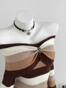 Elamini 女款秋冬條紋露肩多色漸層鈕扣設計氣質百搭休閒度假可愛針織毛衣 - 棕色 - 查看 6