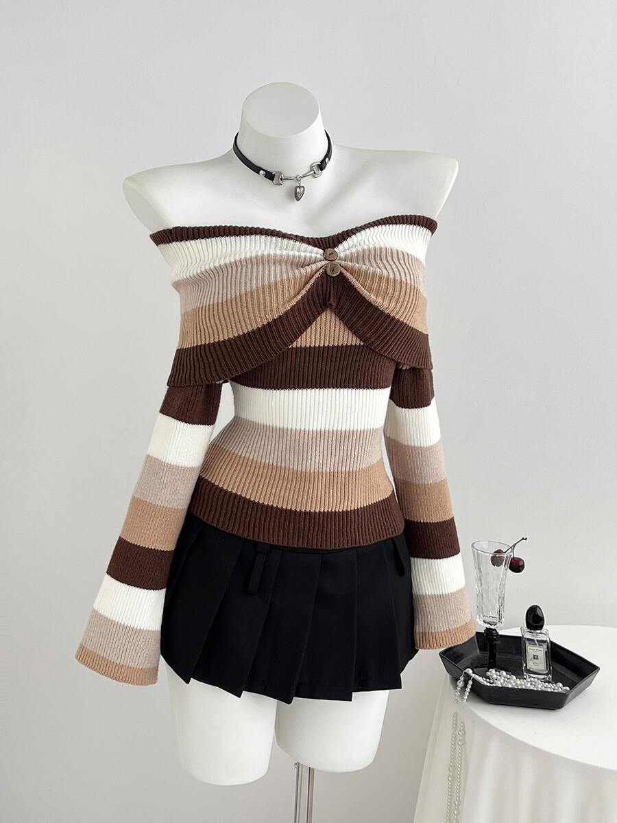 Elamini Women's Autumn/Winter Striped Off-Shoulder Multi-Color Gradient Button Design Atmospheric Versatile Casual Holiday Cute Knit Sweater - Brown - View 1