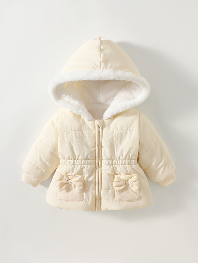 SHEIN Playful Pals Baby Girls Casual Cute Kawaii Cinched Waist Bow Pocket Teddy Lining Lightweight Long Sleeve Zip Up Hooded Quilted Jacket, Winter Hooded Coat White