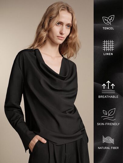 Anewsta Essential Blusa elegante para mujer, blusa de lyocell negro con cuello drapeado y mangas, atuendo de otoño, adecuada para oficina, uso casual diario y formal