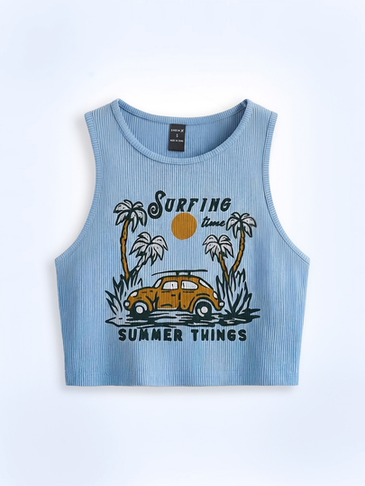 Y2Kool flow eat Women Vacation Car Letter Graphic Tank Top, Summer, Holiday, Beach, Going Out, Festival, Ibiza Fits, Tropical Streetwear Casual, Light Blue