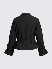 SHEIN Kids Tween Girls Loose Casual Waisted Elegant Short-Cut Fashion Trench Coat, For Autumn/Winter - Black - View 3