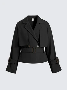 SHEIN Kids Tween Girls Loose Casual Waisted Elegant Short-Cut Fashion Trench Coat, For Autumn/Winter - Black - View 2