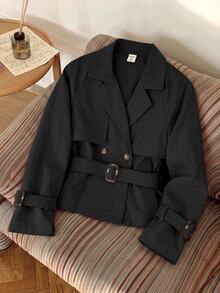 SHEIN Kids Tween Girls Loose Casual Waisted Elegant Short-Cut Fashion Trench Coat, For Autumn/Winter - Black - View 7