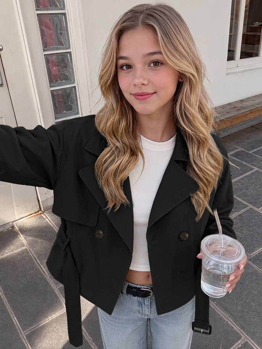 SHEIN Kids Tween Girls Loose Casual Waisted Elegant Short-Cut Fashion Trench Coat, For Autumn/Winter - Black - View 1