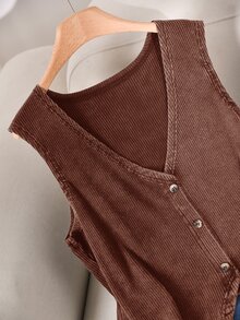 CosyJoli Plus Size Women Summer Casual Vacation Daily Commute Washed Ribbed Knit Button Decor V-Neck Camisole - Coffee Brown - View 4