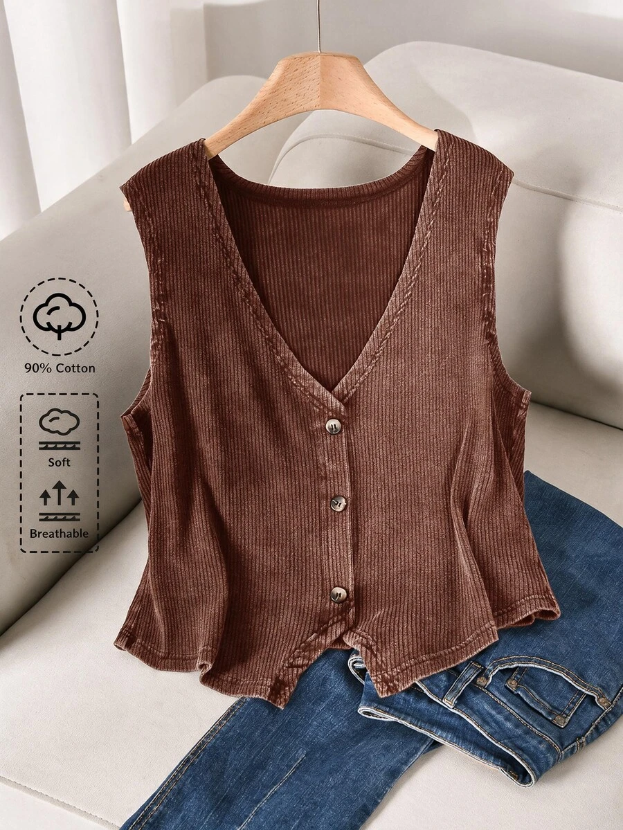 CosyJoli Plus Size Women Summer Casual Vacation Daily Commute Washed Ribbed Knit Button Decor V-Neck Camisole - Coffee Brown - View 1