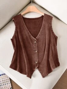 CosyJoli Plus Size Women Summer Casual Vacation Daily Commute Washed Ribbed Knit Button Decor V-Neck Camisole - Coffee Brown - View 3