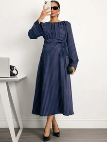 MaterniWear فستان أنيق مخطط للحوامل للتنقل اليومي - أزرق بحري - مشاهدة 6