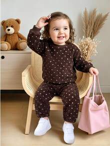 SHEIN 2pcs Baby Girl Pullover Trousers Cute Brown Polka Dot Fuzzy Plush Bow Long Sleeve Round Neck Thick Birthday Winter Halloween Autumn Christmas Ribbed - White - View 2