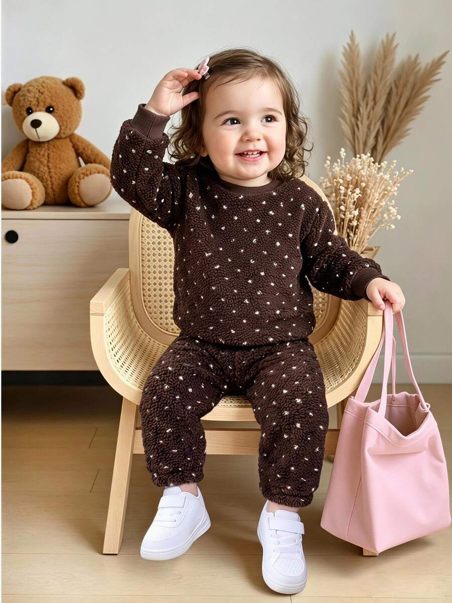 SHEIN 2pcs Baby Girl Pullover Trousers Cute Brown Polka Dot Fuzzy Plush Bow Long Sleeve Round Neck Thick Birthday Winter Halloween Autumn Christmas Ribbed