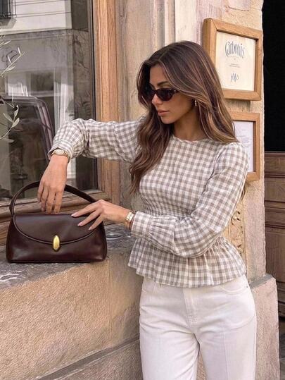 Serisse Women's Elegant Brown Gingham Smocked Waist Peplum Long Sleeve Blouse,Vintage 2000s Shirt,Cottagecore Vacation Autumn Casual Going Out Top Brunch Tea