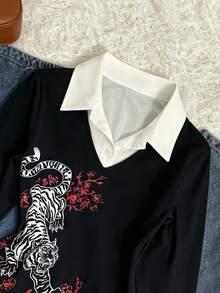 IslaSuriya Women's Y2K Streetwear Autumn Tiger Print 2 In 1 Long-Sleeved Top With Contrasting Polo Collar, Suitable For Everyday Wear. Black And White - Multicolor - View 4