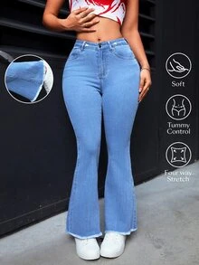 Flexra Petite Solid Colored Flared Jeans With Slant Pockets And Fringed Hem ,Petite Women - Blue - View 1