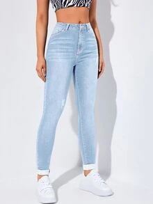 Flexra Celana Jeans Skinny Sobek Pinggang Tinggi Musim Semi - Light Wash - View 4