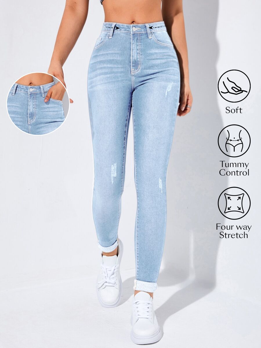 Flexra Celana Jeans Skinny Sobek Pinggang Tinggi Musim Semi - Light Wash - View 1
