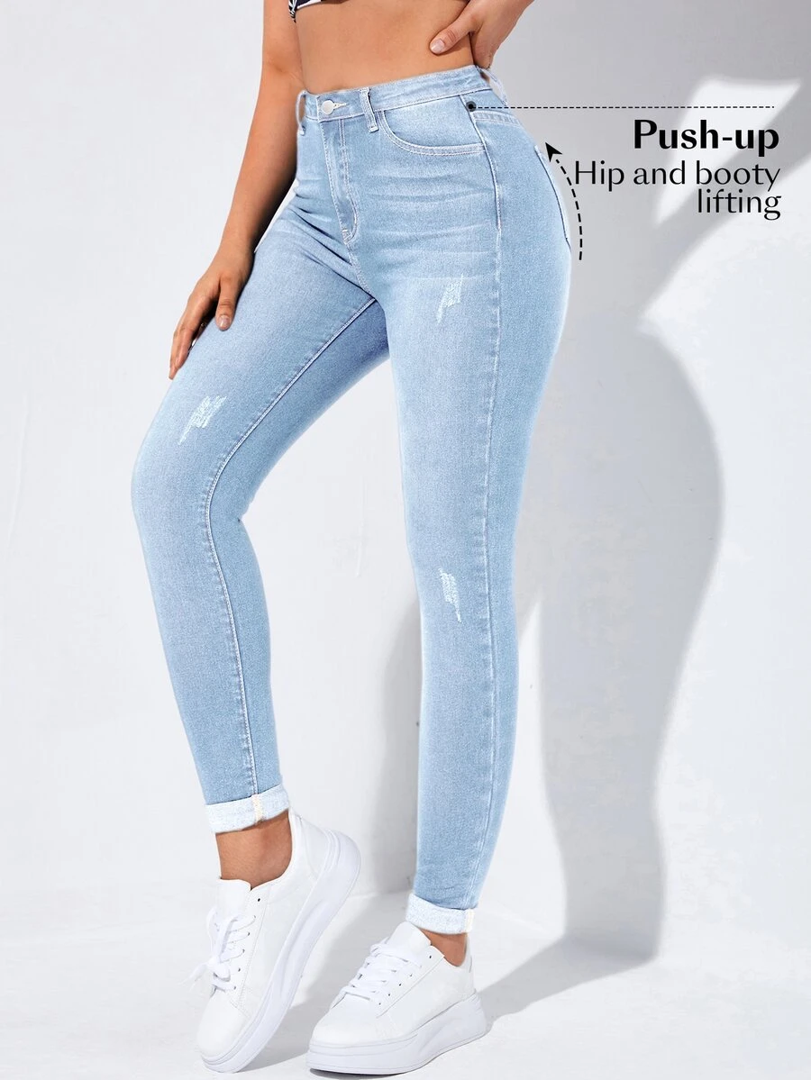 Flexra Spring High Waist Slant Pocket Ripped Skinny Jeans - Light Wash - View 1