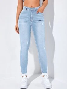 Flexra Celana Jeans Skinny Sobek Pinggang Tinggi Musim Semi - Light Wash - View 3