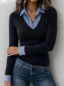 SHEIN Women's Autumn/Winter Casual Commute Denim Effect Print Patchwork Black Fitted Long Sleeve Top T-Shirt - Black - View 5