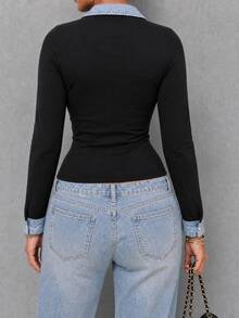 SHEIN Women's Autumn/Winter Casual Commute Denim Effect Print Patchwork Black Fitted Long Sleeve Top T-Shirt - Black - View 2