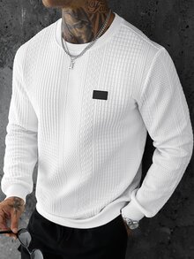 SLATEMANN Men's Comfortable Jacquard Fabric Crew Neck Long Sleeve Sweatshirt, With Small Label, Casual Vacation, Simple Office, Simple Business, Autumn White - White - View 6