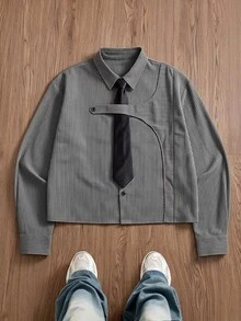 SWAVVY 男士梭織時尚休閒寬鬆長袖條紋襯衫 - 灰色 - 查看 2
