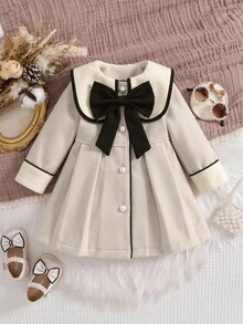 SHEIN Baby Girl Woolen Dress Coat Elegant Sweet Beige 3D Bow Pearl Pleated Piping Long Sleeve Peter Pan Collar Thick Wedding Winter Christmas Flare - Beige - View 4