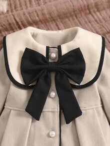 SHEIN Baby Girl Woolen Dress Coat Elegant Sweet Beige 3D Bow Pearl Pleated Piping Long Sleeve Peter Pan Collar Thick Wedding Winter Christmas Flare - Beige - View 6