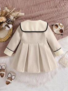 SHEIN Baby Girl Woolen Dress Coat Elegant Sweet Beige 3D Bow Pearl Pleated Piping Long Sleeve Peter Pan Collar Thick Wedding Winter Christmas Flare - Beige - View 3