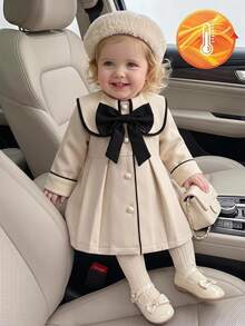 SHEIN Baby Girl Woolen Dress Coat Elegant Sweet Beige 3D Bow Pearl Pleated Piping Long Sleeve Peter Pan Collar Thick Wedding Winter Christmas Flare - Beige - View 2
