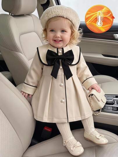 SHEIN Baby Girl Woolen Dress Coat Elegant Sweet Beige 3D Bow Pearl Pleated Piping Long Sleeve Peter Pan Collar Thick Wedding Winter Christmas Flare