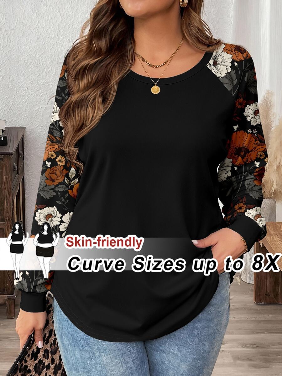 SHEIN CURVE+ 大尺碼女款純色不對稱領不對稱袖寬鬆休閒性感T恤,適合派對約會 - 黑色 - 查看 1