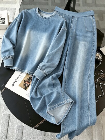 SHEIN Women's Urban Autumn/Winter Denim Texture Printed Sweatshirt Set, Light Blue Elegant Fall Outfits For Date Office Vacation Party Casual Autumn Clothes