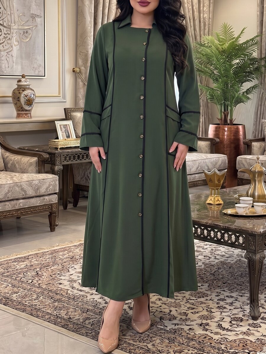 Al Najma Autumn Contrast Color Pocket Accent Lapel Open Front Loose Long Sleeve Casual Long Dress Plus Size Women - Army Green - View 1