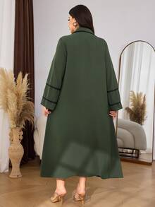 Al Najma Autumn Contrast Color Pocket Accent Lapel Open Front Loose Long Sleeve Casual Long Dress Plus Size Women - Army Green - View 2