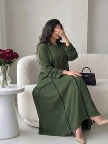 Al Najma Autumn Contrast Color Pocket Accent Lapel Open Front Loose Long Sleeve Casual Long Dress Plus Size Women - Army Green - View 4
