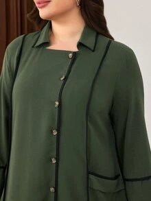 Al Najma Autumn Contrast Color Pocket Accent Lapel Open Front Loose Long Sleeve Casual Long Dress Plus Size Women - Army Green - View 3