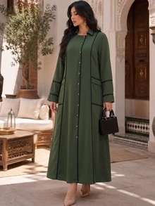 Al Najma Autumn Contrast Color Pocket Accent Lapel Open Front Loose Long Sleeve Casual Long Dress Plus Size Women - Army Green - View 7