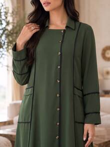 Al Najma Autumn Contrast Color Pocket Accent Lapel Open Front Loose Long Sleeve Casual Long Dress Plus Size Women - Army Green - View 5