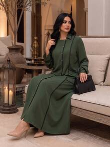 Al Najma Autumn Contrast Color Pocket Accent Lapel Open Front Loose Long Sleeve Casual Long Dress Plus Size Women - Army Green - View 6