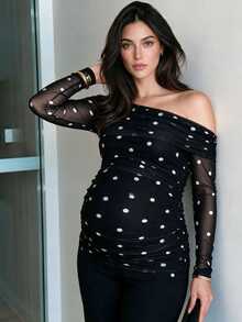 MaterniWear Kaos Hamil Lengan Panjang Kasual Motif Polkadot untuk Sehari-hari - Hitam dan Putih - View 3