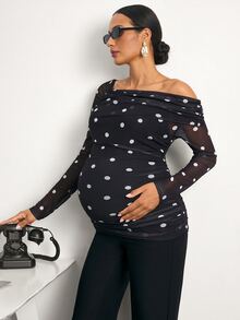 MaterniWear Kaos Hamil Lengan Panjang Kasual Motif Polkadot untuk Sehari-hari - Hitam dan Putih - View 1